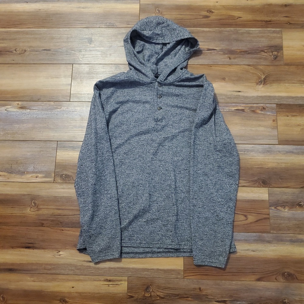 Lucky Brand Mens Large Henley Hoodie Heather Gray Marled Knit Pullover Sweater L - Picture 1 of 8